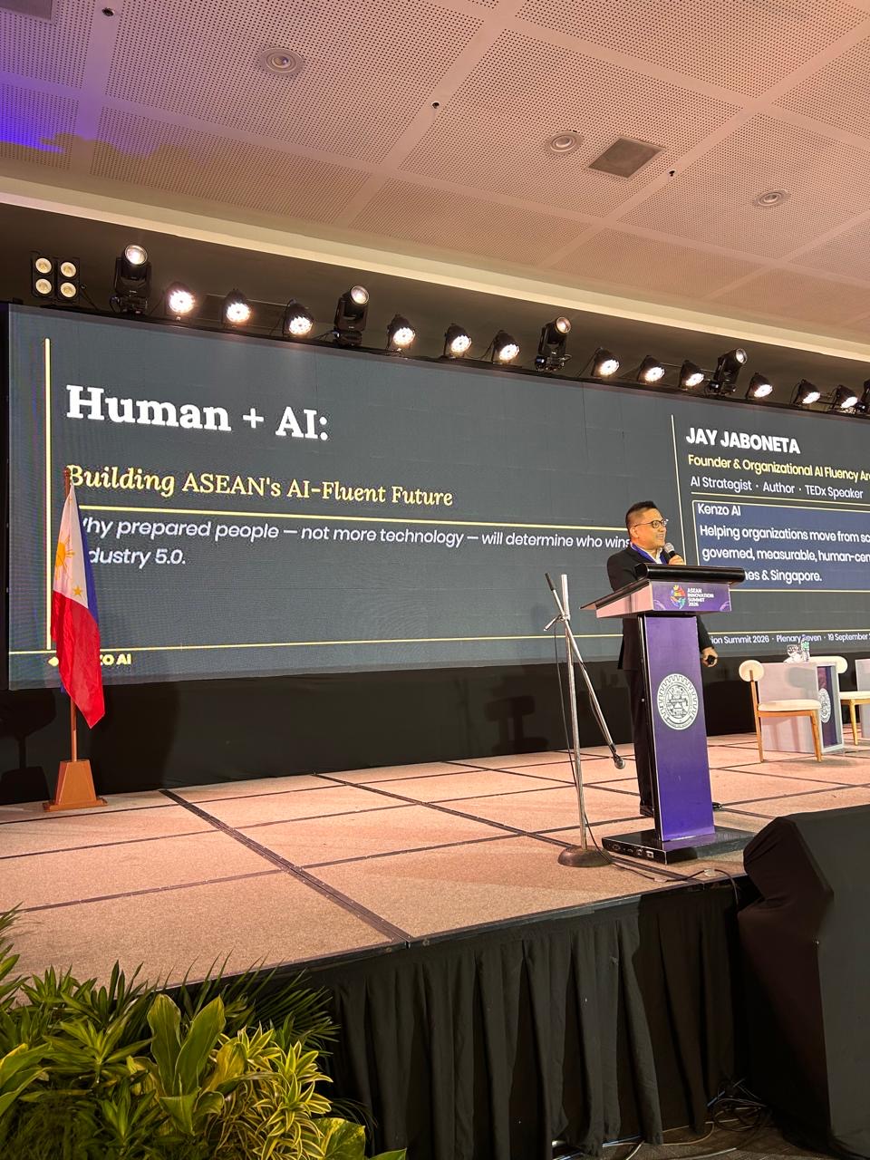 Jay Jaboneta delivering the Human + AI keynote at the ASEAN Innovation Summit 2026 in Davao City