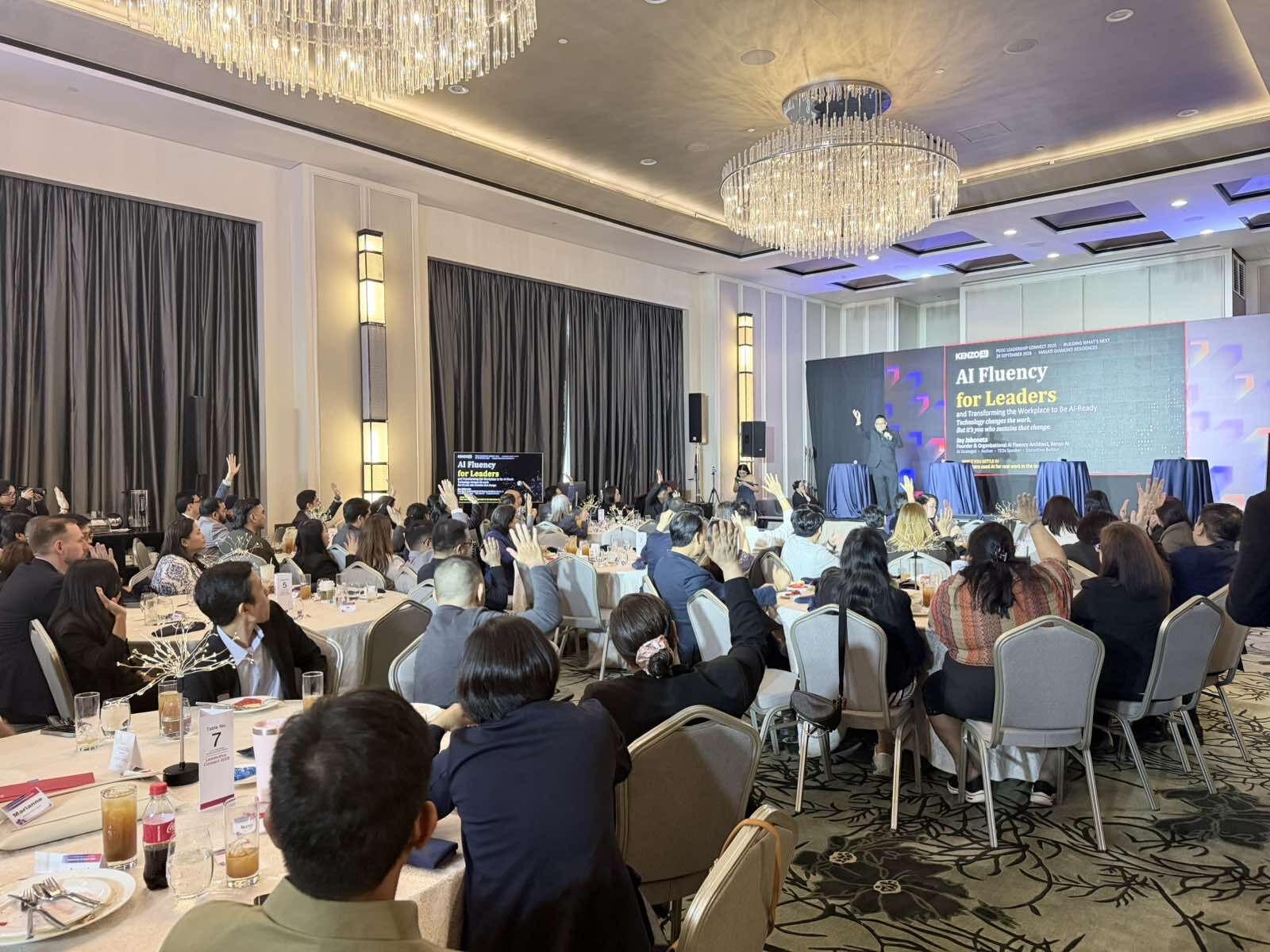 A ballroom of CGI leaders raising their hands during Jay Jaboneta's keynote at PGDC Leadership Connect 2026