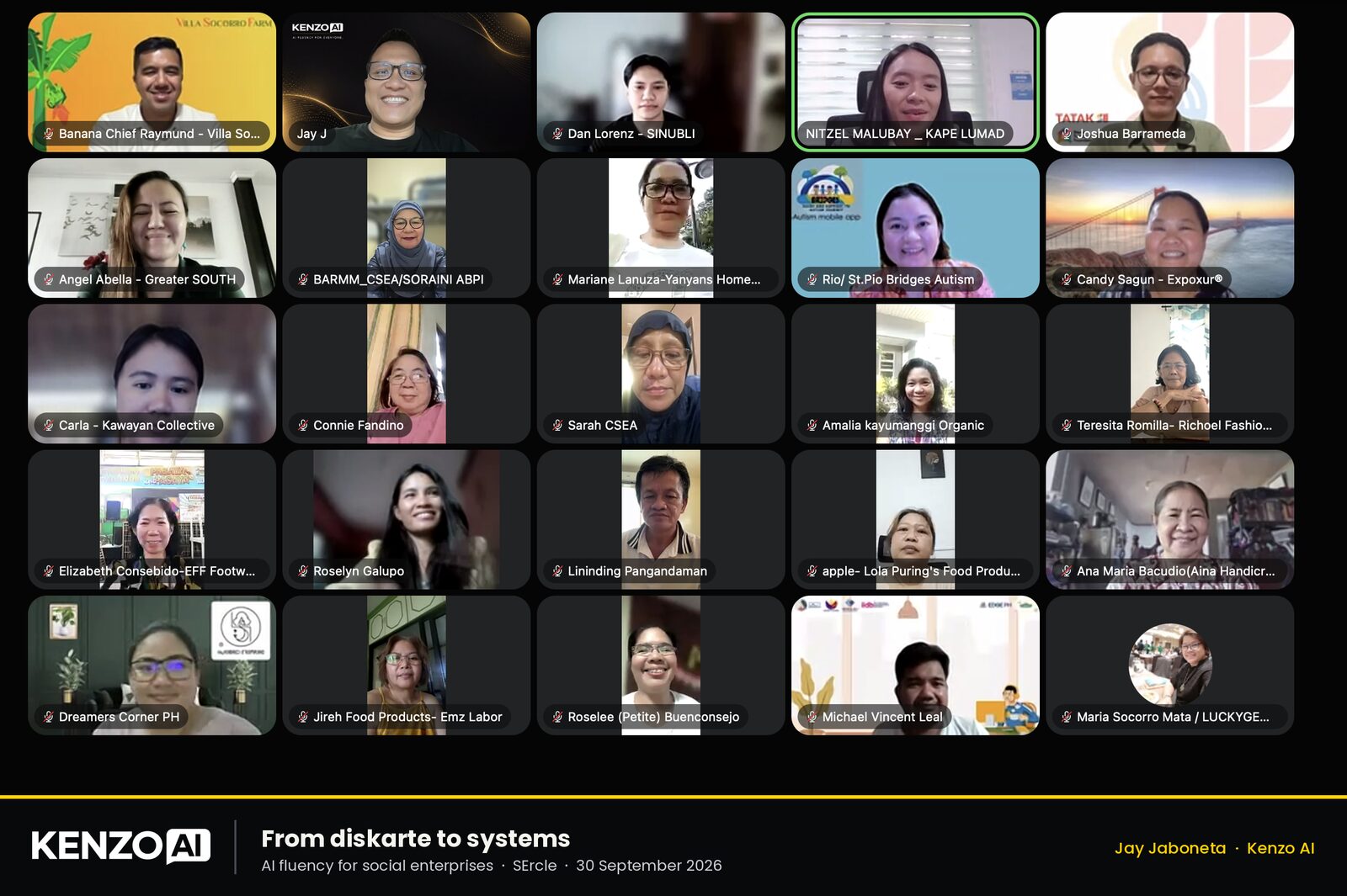 Zoom gallery of social enterprise leaders from the Visayas and Mindanao with Jay Jaboneta during the Tatak SE Spotlight